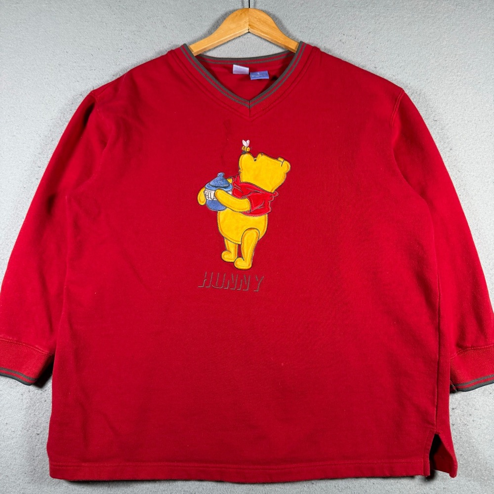 Vintage Disney Winnie the Pooh Hunny‎ Red V Neck Sweatshirt Womens L Embroidered